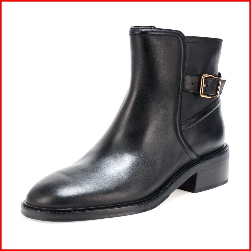 Leather Ankle Booties with Buckle Detail, Flat Heel, Round Toe